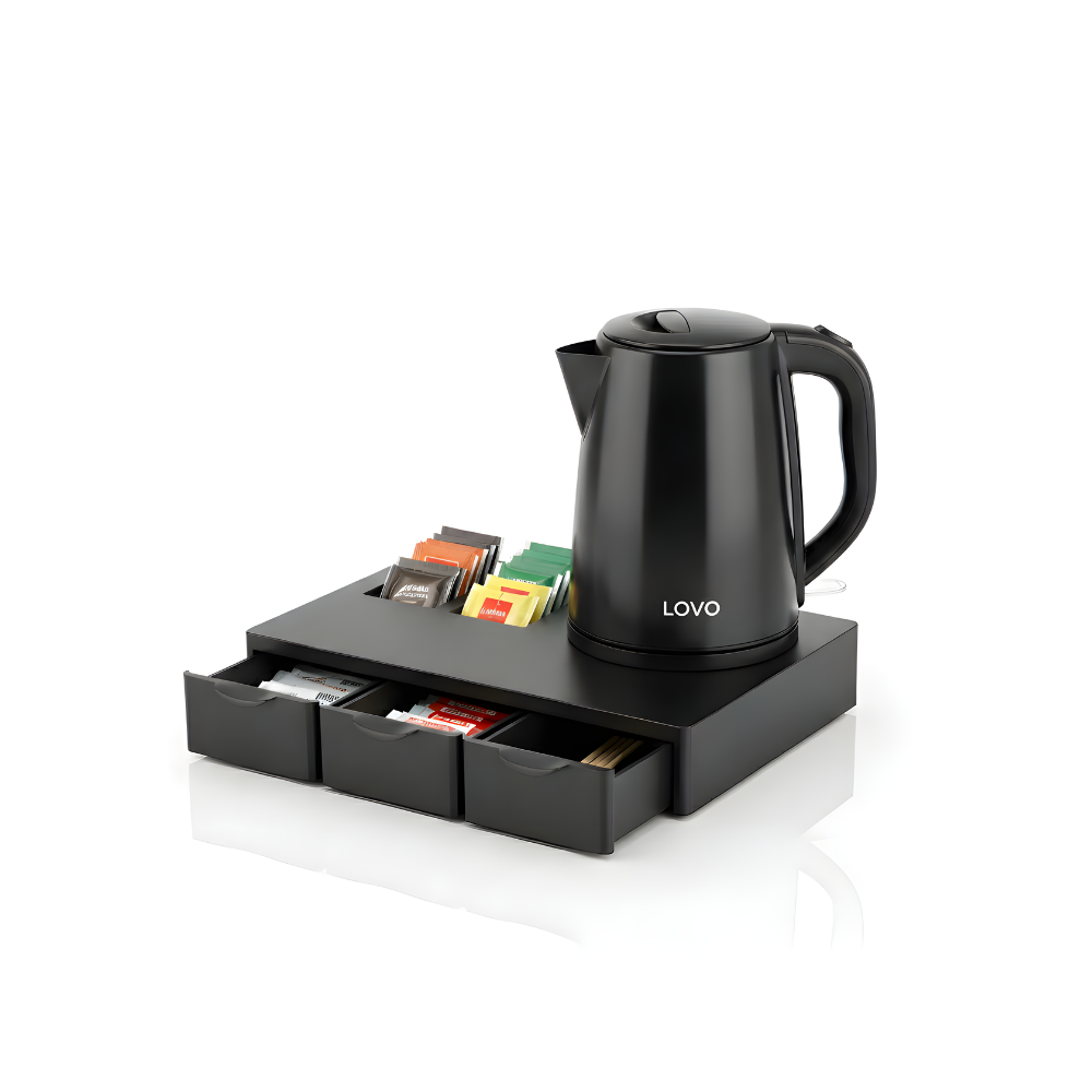 LovoUK 0.8L Black Electric Kettle with 3-in-1 Drawer Tray